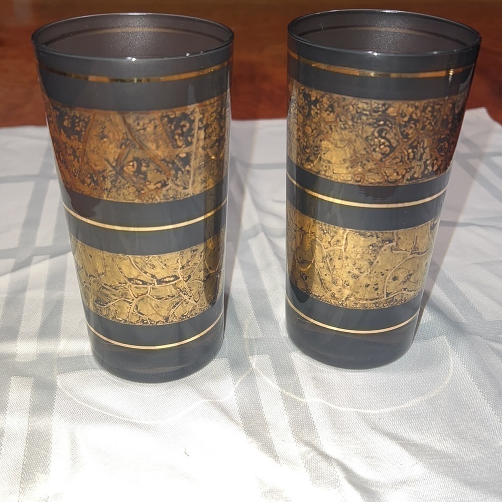 Set of 2 Vintage Culver Smoke Black Gold Tall Cocktail Glasses